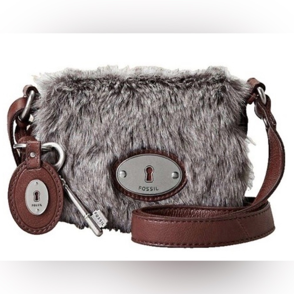 Fossil Long Live Vintage Maddox Faux Fur Gray Brown Crossbody Bag